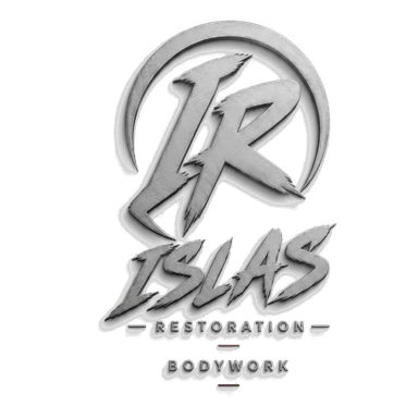 Islas Restoration Bodywork logo, metallic 3D stylized IR monogram and text